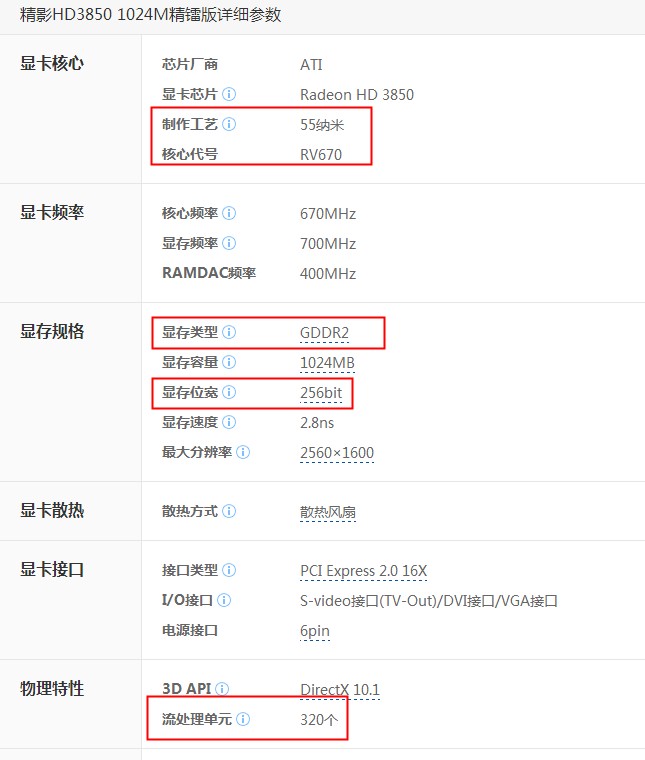 显卡HD3850的具体参数是什么？