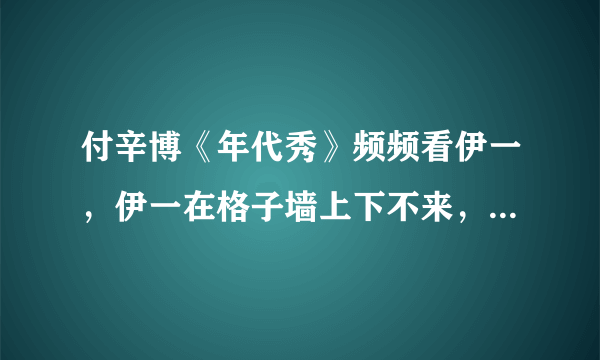 付辛博《年代秀》频频看伊一，伊一在格子墙上下不来，本来搭档想抱她，可付辛博抢先抱住伊一，付辛博是...