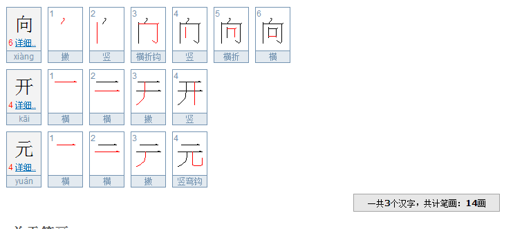 向开元这几个字有多少画