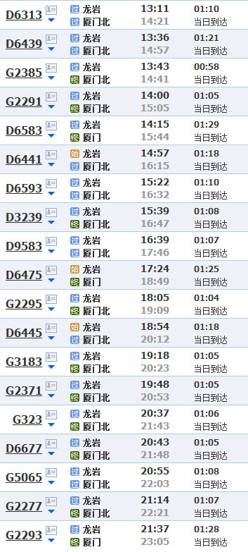 龙岩到厦门的动车时刻表