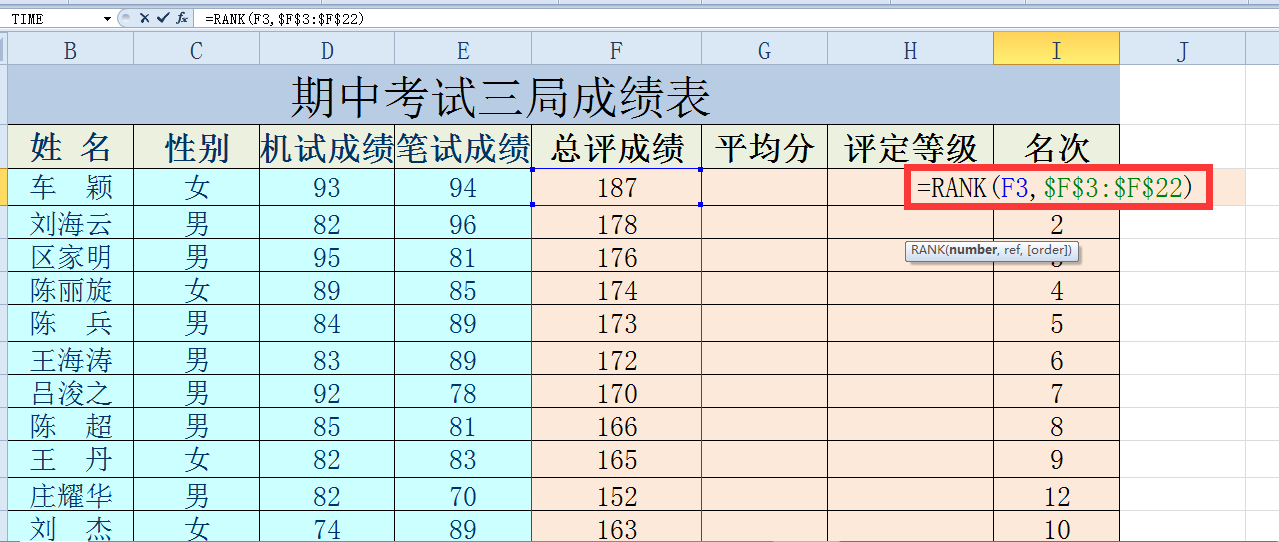 excel表格中怎样自动生成名次