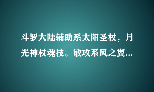 斗罗大陆辅助系太阳圣杖，月光神杖魂技。敏攻系风之翼魂技。强攻系幽火凤凰魂技。敏攻系嗜血之蝙蝠魂技。