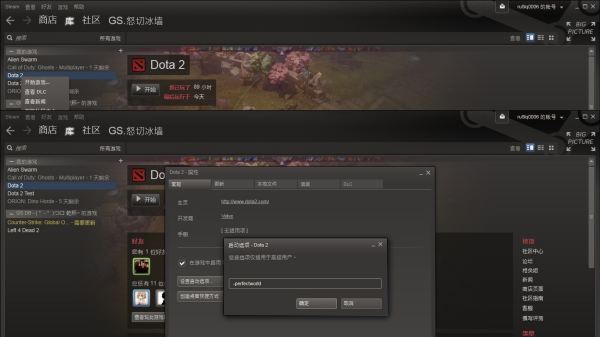 在steam中启动dota2，启动项中输入“-perfectworld steam”后无法进入