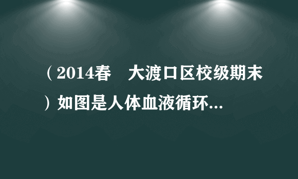 （2014春•大渡口区校级期末）如图是人体血液循环示意图，请根据此图回答．（1）图中①②③④分别代表人体心脏中的哪些结构？①    ②    ③    ④    （2）图中的5所指的是    ，内流    血．图中7所指的是    ，内流    血．（3）心脏结构中心壁最厚的是[    ]    ，它是    循环的起点．（4）血液由2射出，流经5、6到3的循环途经叫    ；（5）由M到N处，血液成分发生的变是    ．